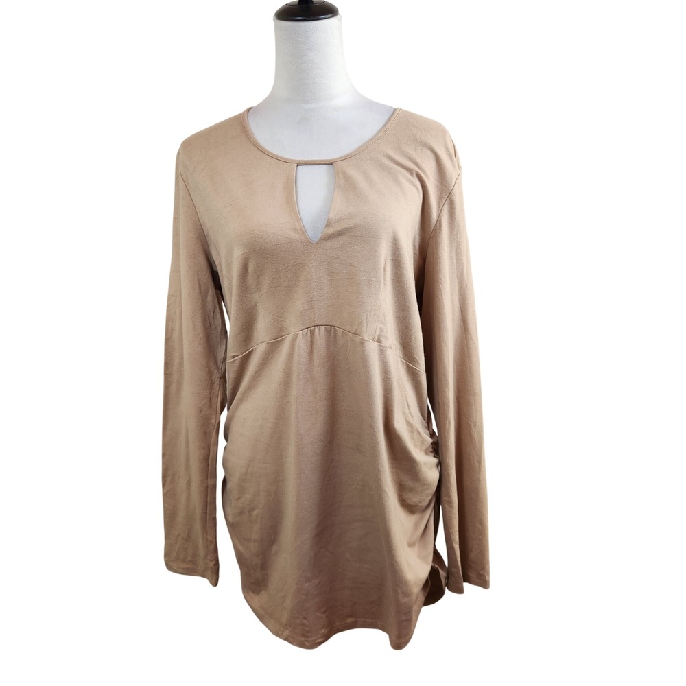 Boston Proper Womens XL Tan Keyhole Ruched Long Sleeve Tunic Top Mini‎ Dress